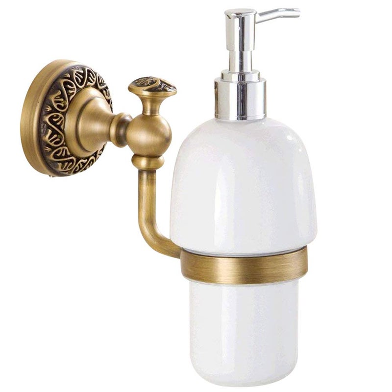 Leyden Antique Brass Soap Dispenser,Wall Mount Hand Soap Pump Bathroom Liquid Holder Lotion Bottles Vintage Dish Ceramics Removable for Kitchen Sink Countertop - Image 1